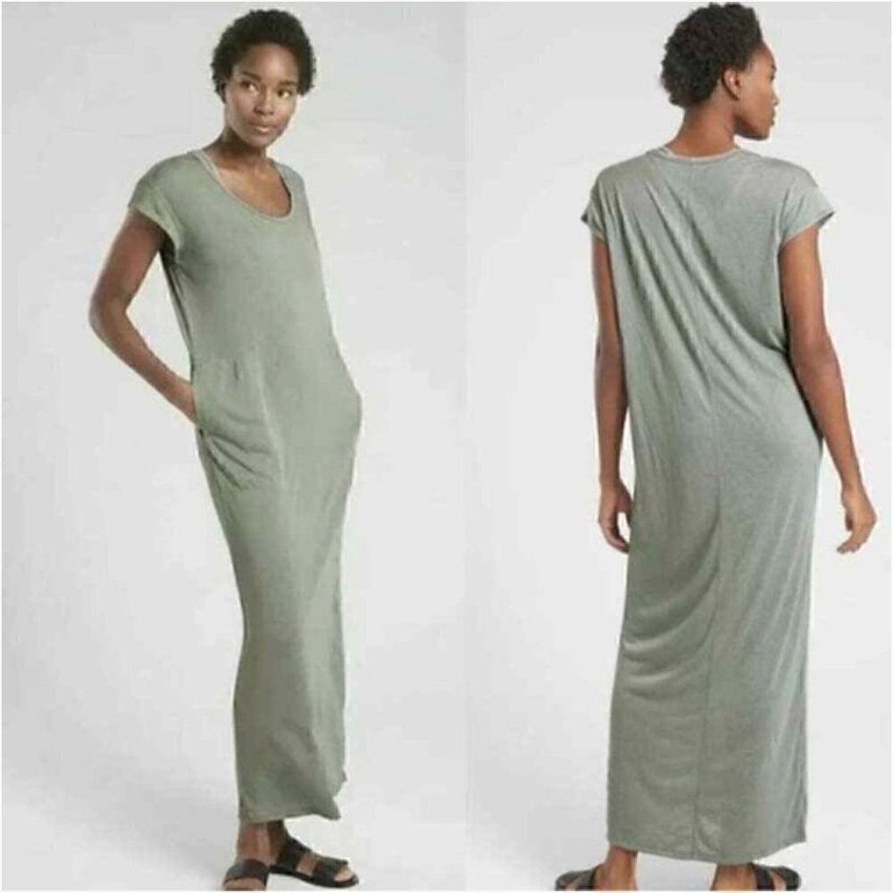 Athleta Martinique Maxi Cap Sleeve Sage Green Pocketed Relaxed Fit Maxi Dress